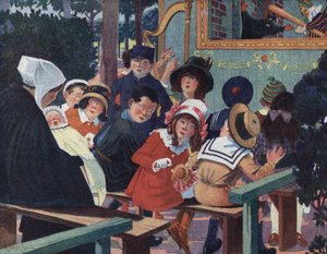 Nukketeatteri: Lapset guignol-teatterissa ovat järkyttyneet itkevän vauvan takia. Robert Sallesin (1871-1929) kuvitus teoksessa "" Je sais Lire"".