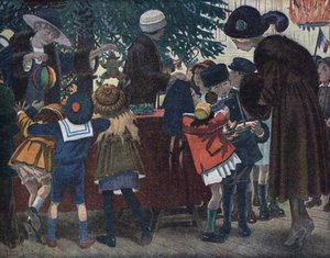 Lorraine Elsassilaisten joulukuusi: Elsassin ja Lorraine (Alsace-Lorraine) lapset tulevat hakemaan lahjojaan kaupungille tarjotun joulukuusen ympäriltä. Robert Sallesin (1871-1929) kuvitus teoksessa "" Je sais Lire"".