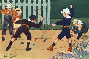 The Hoof (huippupeli piiskattavaksi). Kaiverrus "" Mitä me pelaamme? E. Weberin "" Robert Sallesin (1871-1929) akvarellipiirroksilla. Librairie Garnier Freres, Pariisi