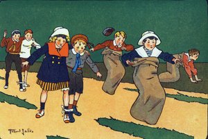 Laukkukilpailu. Kaiverrus "" Mitä me pelaamme? E. Weberin "" Robert Sallesin (1871-1929) akvarellipiirroksilla. Librairie Garnier Freres, Pariisi tekijältä Robert Salles