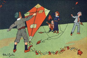 Lentävä leija. Kaiverrus "" Mitä me pelaamme? E. Weberin "" Robert Sallesin (1871-1929) akvarellipiirroksilla. Librairie Garnier Freres, Pariisi tekijältä Robert Salles