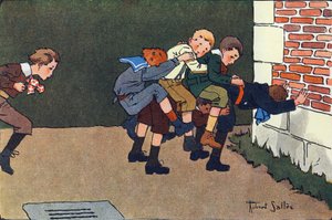 Hevonen suli (kun hyppäät, sinun täytyy hypätä kalihurhoni toisen lapsen selkään, kolkuttamatta muita). Kaiverrus "" Mitä me pelaamme? E. Weberin "" Robert Sallesin (1871-1929) akvarellipiirroksilla. Librairie Garnier Frere tekijältä Robert Salles