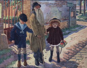 Sokean keppi: kaksi lasta auttaa sokeaa vanhaa miestä kävelemään. Robert Sallesin (1871-1929) kuvitus teoksessa "" Je sais Lire"".