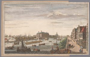 Gezicht op het Admiraliteitsmagazijn te Amsterdam Näkymä Amsterdamin amiraliteetista, siihen kuuluvista kauppataloista, laitureista ja telakoista sekä East India Company of Hollandista (otsikko esineessä)
