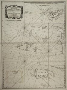 Guernseyn ja Jerseyn, Sarkin, Hemin, Jethoun ja Alderneyn saarten yleiskartta sekä Cape la Haagin ja Casketsin saaret. tekijältä Robert Sayer