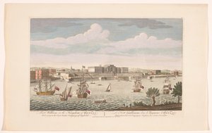 Näkymä Fort Williamiin Kalkutassa Fort William Bengalin valtakunnassa. Kuuluu East India Company of Englandiin (otsikko esineessä) VOC-ratkaisut (sarjan nimi) tekijältä Robert Sayer