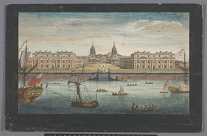 Näkymä Greenwichin sairaalasta Thames-joella Greenwichissä Greenwichin sairaalan näkymät joelta (otsikko esineessä) Lontoo (sarjan nimi) tekijältä Robert Sayer