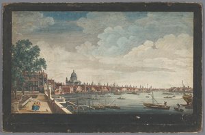 Näkymä Lontoon sillalle Thames-joen yli Lontoossa Somerset Housen puutarhasta katsottuna Näkymä Somerset Gardensista London Bridgelle (otsikko esineessä) Lontoo (sarjan nimi) tekijältä Robert Sayer