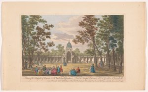 Gezicht op de Temple of Comus Vauxhall Gardens te Londenissa Näkymä Comuksen temppelille jne. Vauxhall Gardensissa (otsikko esineessä) Ranelagh Gardens ja Vauxhall Gardens (sarjan nimi) tekijältä Robert Sayer