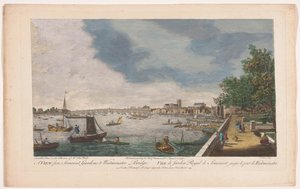 Näkymä Westminster Bridgelle Thames-joen yli Lontoossa Somerset Housen puutarhasta katsottuna Näkymä Somerset Gardensista Westminster Bridgelle (otsikko esineessä) Lontoo (sarjan nimi) tekijältä Robert Sayer
