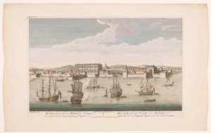 Näkymä Bombayn kaupunkiin Bombay Malabarin rannikolla, joka kuuluu East India Company of Englandille (otsikko esineessä) VOC-ratkaisut (sarjan nimi) tekijältä Robert Sayer