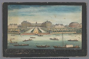 Näkymä Royal Hospital Chelseasta ja Rotundasta Lontoon Ranelagh Gardensissa Näkymä Chelsean kuninkaallisesta sairaalasta ja Rotundasta Ranelaigh Gardensissa (otsikko esineessä) Lontoo (sarjan nimi) tekijältä Robert Sayer