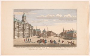 Näkymä Amsterdamin kaupungintalolle palomiesten kanssa Dam-aukiolla Näkymä Stad Housesta ja Amsterdamin palon sammutusmoottoreista (otsikko esineessä) Hollanti (sarjan nimi) tekijältä Robert Sayer