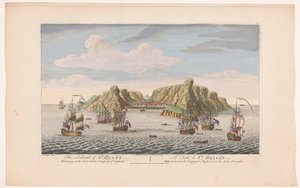 Näkymä Saint Helenan saarelle St Helenin saari. Kuuluu East India Company of Englandiin (otsikko esineessä) VOC-ratkaisut (sarjan nimi) tekijältä Robert Sayer