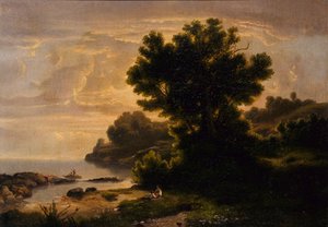 Maisema perheen kanssa järven rannalla, 1858. tekijältä Robert Seldon Duncanson