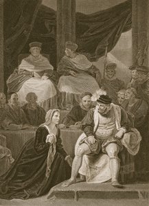 Henrik VIII:n avioliitto-oikeudenkäynti, kaiverrettu T. Hollowayn toimesta, kuvitus David Humen teoksesta 