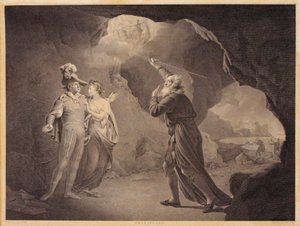 Prospero, Ferdinand ja Miranda. William Shakespearen "Myrskystä", näytös 4, kohtaus 1