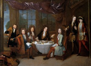 Kinkkuaamiainen. Aateliston miehet jakavat leikkeleillallisen. Robert Levrac Tournieresin (1667-1752) maalaus