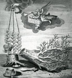 Tunnuskuva, joka viittaa Kaarle I:n teloitukseen ja Stuartin jälkeläiseen, 1715
