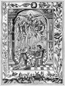 Thomas Norton esittelee Edward IV:lle käskynsä Theatrum Chemicum Britannicum -teoksesta, 1652.