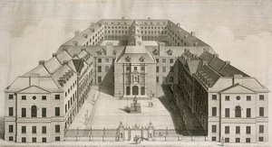 Southwarkissa sijaitsevan Guys Hospitalin lintuperspektiivinäkymä, jossa on hahmoja sisäpihalla, kaiverrettu William Henry Tomsin toimesta, noin 1756. tekijältä Robert West