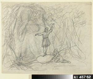 Mies merestä, luonnos Kalevala-aiheiseen piirrossarjaan tekijältä Robert Wilhelm Ekman