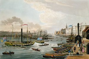 Näkymä London Bridgelle ja Custom Houselle sekä Margate Steam Yachts -pubi. 1820, Colnaghi und Co. (värillinen akvatinta)
