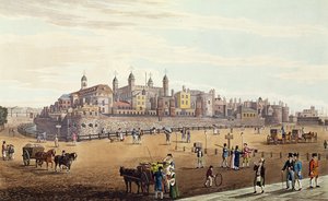 Näkymä Tower of Londoniin ja Mint, pubi. kirjoittanut Colnaghi und Co, 1821 (värillinen aquaint)