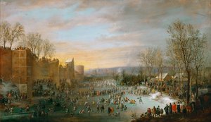 Patinage sur les douves Gelees de Bruxelles - Luistelu Brysselin kaupungin vallihaudassa, kirjoittanut Hoecke, Robert van den (1622-1668). öljy puulle