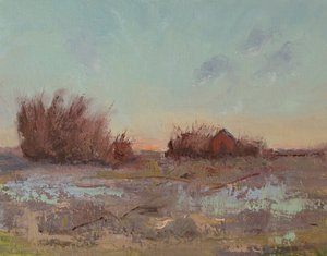 Granaries By The Slough, 2023 (öljy pellavapaneelille) tekijältä Roberta Murray