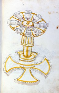 Sotataide: sotilaskoneiden tutkimus. pyörivä tykki, kuvitus teoksesta "De re Militari", insinööri Roberto Valturio (1405-1483?) tekijältä Roberto Valturio