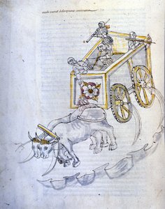 Sotataide: sotilaskoneiden tutkimus. viikateillä varustettu tankki, kuvitus insinööri Roberto Valturion (1405-1483?) teoksesta "De re Militari"
