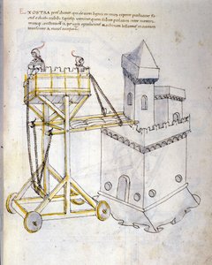 Sotataide: sotilaskoneiden tutkimus. hyökkäystorni, joka palvelee piiritystorneja, kuva insinööri Roberto Valturion (1405-1483?) De re Militarin teoksesta
