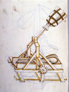 Sotataide: sotilaskoneiden tutkimus. katapultti, kuvitus insinööri Roberto Valturion (1405-1483?) teoksesta "De re Militari"
