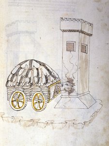Sotataide: sotilaskoneiden tutkimus. torniin tunkeutuva karapannilla varustettu kone, kuva insinööri Roberto Valturion (1405-1483?) De re Militarista