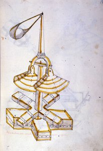 Sotataide: sotilaskoneiden tutkimus. pyörivä ritsakone, kuvitus insinööri Roberto Valturion (1405-1483?) teoksesta "De re Militari"