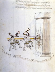 Sotataide: sotilaskoneiden tutkimus. pässin käyttö tornin piirittämiseen, kuva insinööri Roberto Valturion (1405-1483?) teoksesta "De re Militari"