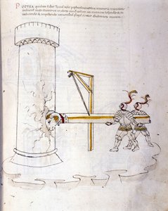 Sotataide: sotilaskoneiden tutkimus. pässin käyttö tornin piirittämiseen, kuva insinööri Roberto Valturion (1405-1483?) teoksesta "De re Militari"