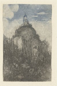 Rakentaa kalliolle ja lepäämässä paimenet lampaineen kallion juurella Le Phare Chapelle alpesre tekijältä Rodolphe Bresdin