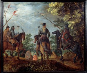 Puolalaiset ratsasmiehet kävelevät metsässä. Roelant (Roelandt) Saveryn maalaus (1576-1639) tekijältä Roelandt Jacobsz. Savery