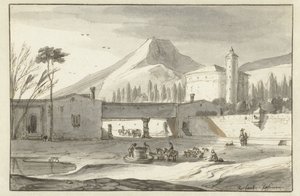 Vuoristoinen italialainen maisema, jossa on rotundakirkko tekijältä Roelant Roghman