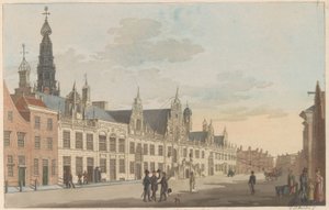 Breestraat Leidenissä, noin 1825 Näkymä Breestraatille ja kaupungintalolle Leydenissa / Vue Sur la rue dite Breestraat et l