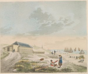 Ranta Scheveningenissä, noin 1825 Näkymä rannalle ja dyyneille Scheveningenissä ja Mr. Pronkin kylpylän esittely / Vue du rivage et des dunes a Scheveninge et representation des Bains appartement à mons.r Pronk (otsikko esineessä)