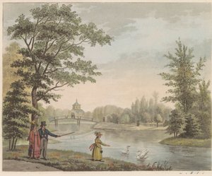 Puutarha Huis ten Boschissa, noin 1825 Näkymä Sveitsin sillalle ja Vijverille, lähellä taloa Boschissa s