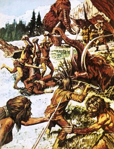 Mammuttien kimppuun hyökkäävät esihistorialliset miehet tekijältä Roger Payne