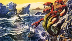 Scylla hyökkää Olysseuksen laivan kimppuun.