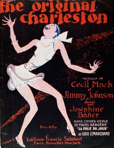 Josephine Baker (1906-75) tanssii Charlestonia, juliste, joka mainostaa esitystä Folies Bergeressä tekijältä Roger de Valerio