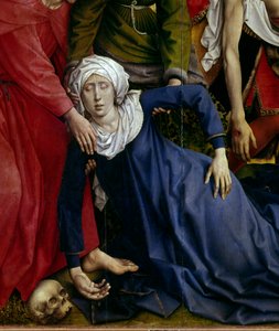 Ristin laskeutuminen tai laskeutuminen. Yksityiskohta kadonneesta neitsyestä. Rogier Alttaritaulu (Roger) Van Der Weyden (1400-1464) 1435 Dim. 2,20 x 0,35 m Madrid, Musee du Prado - Laskeuma tai laskeutuminen ristiltä. Yksityiskohta Neitsyen pyörtymisestä. tekijältä Rogier van der Weyden