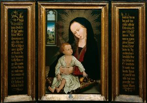Salve Regina (Salve, O Queen, katolinen rukous), esitys neitsyestä ja lapsesta pitelemässä päärynää (öljy puulle) tekijältä Rogier van der Weyden