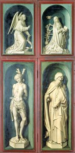 Anunciation, St. Sebastian, St. Anthony the Great ja kaksi lahjoittajaa, paneelit viimeisen tuomion kääntöpuolelta, n. 1445-1450 (öljy paneelille) tekijältä Rogier van der Weyden